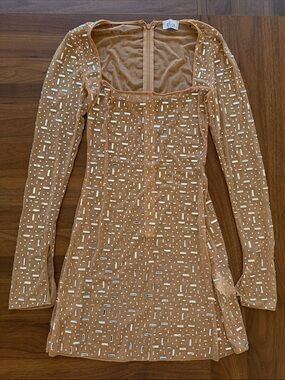 Oh Polly Tan Embellished Long Sleeve Mini Dress